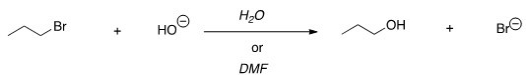 For the following reaction,use the identity of the alkyl halide and nucleophile to determine which substitution mechanism occurs.Then determine which solvent affords the faster reaction.