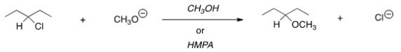 <strong>For the following reaction,use the identity of the alkyl halide and nucleophile to determine which substitution mechanism occurs.Then determine which solvent affords the faster reaction. </strong> A)S<sub>N</sub>1,CH<sub>3</sub>OH B)S<sub>N</sub>1,HMPA C)S<sub>N</sub>2,CH<sub>3</sub>OH D)S<sub>N</sub>2,HMPA
