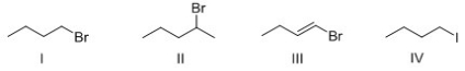 <strong>Rank the following compounds in order of increasing S<sub>N</sub>2 reactivity? </strong> A)I > II > III > IV B)IV > I > II > III C)IV > III > II > I D)III > II > I > IV
