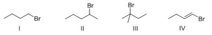 <strong>Rank the following compounds in order of increasing S<sub>N</sub>1 reactivity? </strong> A)I > II > III > IV B)IV > I > II > III C)IV > III > II > I D)III > II > I > IV
