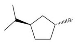 <strong>What is the IUPAC name of the following compound? </strong> A)(1R,3R)-1-bromo-3-isopropylcyclopentane B)(1R,3S)-1-bromo-3-isopropylcyclopentane C)(1S,3R)-1-bromo-3-isopropylcyclopentane D)(1S,3S)-1-bromo-3-isopropylcyclopentane