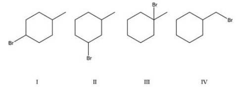 <strong>Which alkyl halide will form the most stable carbocation? </strong> A)I B)II C)III D)IV