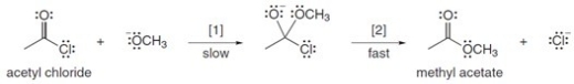 <strong>The conversion of acetyl chloride to methyl acetate occurs via the following two-step mechanism: The conversion of acetyl chloride to methyl acetate would be classified as which of the following?</strong> A)Addition B)Elimination C)Substitution D)None of these