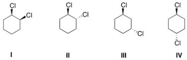 <strong>Which of the following molecules are achiral? </strong> A)II,III B)I,II C)I,IV D)III,IV