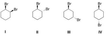 <strong>Which of the following molecules are chiral? </strong> A)II,III B)I,II C)I,IV D)III,IV