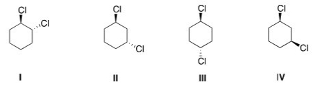 <strong>Which of the following compounds has a plane of symmetry? </strong> A)I and II B)II and III C)II,III,and IV D)III and IV