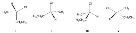 <strong>Which of the following structures has a different configuration from the other three? </strong> A)I B)II C)III D)IV