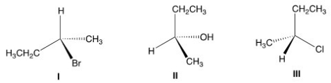 <strong>Which of the following structures has the S configuration? </strong> A)Only I B)Only II C)Only I and II D)I,II,and III