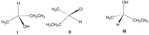 <strong>Which of the following structures has the R configuration? </strong> A)Only I B)Only II C)Only I and II D)I,II,and III