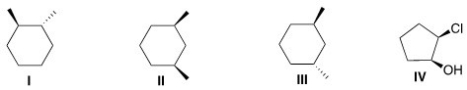 <strong>Which of the following cyclic molecules is a meso compound? </strong> A)I B)II C)III D)IV