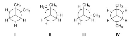 <strong>Rank the conformers of butane in order of decreasing stability,putting the most stable first. </strong> A)IV > I > II > III B)IV > I > III > II C)II > III > I > IV D)I > IV > II > III