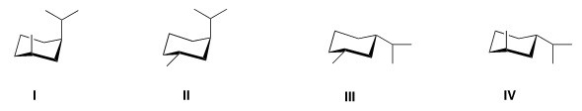 <strong>Which of the following is the most stable conformation of trans-1-isopropyl-3-methylcyclohexane? </strong> A)I B)II C)III D)IV