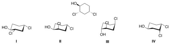<strong>Which of the following is the most stable conformation of the following compound? </strong> A)I B)II C)III D)IV