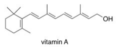 <strong>Which of the following statements about vitamin A,drawn below,is true? </strong> A)Vitamin A is soluble in H<sub>2</sub>O. B)Vitamin A is insoluble in organic solvents. C)Vitamin A contains an aromatic ring. D)Vitamin A is insoluble in H<sub>2</sub>O.