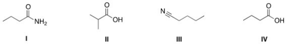 <strong>Rank the following compounds in order of decreasing boiling point,putting the compound with the highest boiling point first. </strong> A)I > III > IV > II B)IV > II > I > III C)IV > I > II > III D)I > IV > II > III
