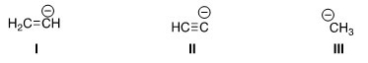 <strong>Rank the following conjugate bases in order of decreasing basicity,putting the most basic first. </strong> A)II > I > III B)I > II > III C)III > I > II D)III > II > I