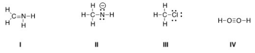 <strong>Which of the following Lewis structures is correct? </strong> A)I,II B)I,III C)II,III D)III,IV