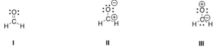<strong>Rank the following in order of decreasing importance as contributing structures to the resonance hybrid of formaldehyde,H<sub>2</sub>CO. </strong> A)I > II > III B)I > III > II C)II > I > III D)III > II > I