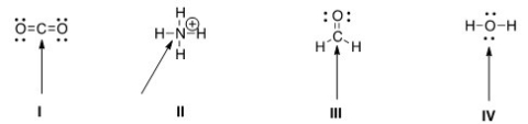 <strong>Determine the geometry around the indicated atom in each species. </strong> A)I = Linear; II = tetrahedral; III = trigonal planar; IV = tetrahedral B)I = Linear; II = tetrahedral; III = trigonal planar; IV = linear C)I = Trigonal planar; II = linear; III = tetrahedral; IV = trigonal planar D)I = Tetrahedral; II = trigonal planar; III = linear; IV = tetrahedral