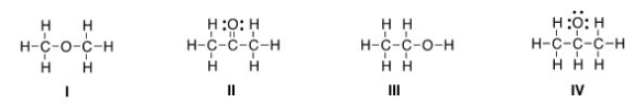 <strong>Which of the following is the appropriate conversion of the condensed structure,CH<sub>3</sub>COCH<sub>3</sub>,to a Lewis structure? </strong> A)I B)II C)III D)IV