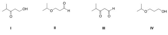 <strong>Which of the following is the appropriate conversion of (CH<sub>3</sub>)<sub>2</sub>CHOCH<sub>2</sub>CH<sub>2</sub>CH<sub>2</sub>OH to a skeletal structure? </strong> A)I B)II C)III D)IV