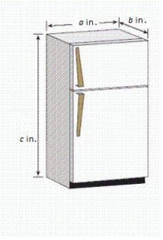 <strong>Find the volume of the refrigerator, when a = 37, b = 34, c = 68. Round your answer to the nearest thousandth. </strong> A) 55.005 ft <sup>3</sup> B) 58.241 ft <sup>3</sup> C) 7,128.667 ft <sup>3</sup> D) 39.604 ft <sup>3</sup> E) 49.505 ft <sup>3</sup>