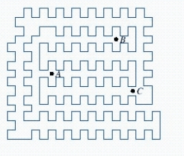 <strong>Determine whether each of the points A, B, and C is inside or outside of the simple closed curve. </strong> A) B and C are outside, A is inside B) A and B are outside, C is inside C) A and C are outside, B is inside D) A is outside, B and C are inside E) All are outside
