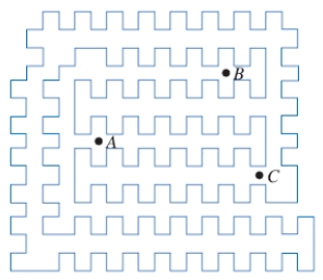 Determine whether each of the points A, B, and C is inside or outside of the simple closed curve. 1. Point C 2. Point A 3. Point B a. outside b. inside C