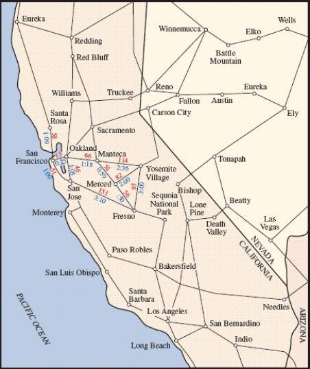 The map in figure shows driving distances and times between California and Nevada cities. Use Kruskal's algorithm to find the minimum spanning tree for the following cities: Santa Rosa, San Francisco, Oakland, Manteca, Yosemite Village, Merced, Fresno, and San Jose. __________ mi