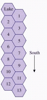 <strong>On a planet far, far away, Luke finds himself in a strange building with hexagon-shaped rooms as shown in the figure below. In his search for the princess, he always moves to an adjacent room and always in a southerly direction. How many paths are there to room 13? </strong> A) 381 paths B) 378 paths C) 375 paths D) 377 paths E) 256 paths