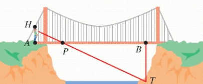 Suppose a 6-ft person wishes to determine the height of a bridge above the bottom of a canyon, as shown in the figure below. To do this, this person stands at one end of the bridge (point A) and looks down to a point directly below the other end (point B). With the help of a companion, point P is determined to form two triangles. Find the distance to the bottom of the canyon, if ft and ft. __________ ft