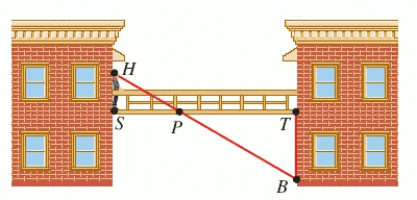Suppose a 5-ft person wishes to determine the height of a footbridge connecting two buildings, as shown in the figure below. To do this, this person stands at one end of the bridge (point S) and looks down to a point directly below the other end (point T). With the help of a companion, point P is determined to form two triangles. Find the height of the footbridge, if ft and ft. __________ ft