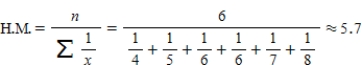 The mean is sometimes called the arithmetic mean to distinguish it from other possible means. For example, a different mean, called the harmonic mean (H.M.), is used to average speeds. This mean is defined to be the sum of the reciprocals of all scores divided into the number of scores. For example, the harmonic mean of the numbers 4, 5, 6, 6, 7, 8 is Find the arithmetic mean and the harmonic mean of the numbers 1, 1, 6, 6, 7, 8, 8, 9, 9, and 10. Round your answers to the nearest tenth. The arithmetic mean is __________ The harmonic mean is __________