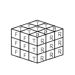 <strong>Show the result of the moves on Rubik's cube U<sup>3</sup>. Remember that R, F, L, B, T, and U mean rotate 90° clockwise the right, front, left, back, top, and under faces, respectively. Use the standard Rubik's cube shown below as your starting point. Consider each clockwise rotation by first turning the cube so that the side you are rotating is facing you. </strong> A) B) C) D) E)