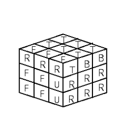 <strong>Show the result of the moves on Rubik's cube FT <sup>-1</sup>. Remember that R, F, L, B, T, and U mean rotate 90° clockwise the right, front, left, back, top, and under faces, respectively. Use the standard Rubik's cube shown below as your starting point. Consider each clockwise rotation by first turning the cube so that the side you are rotating is facing you. </strong> A) B) C) D) E)
