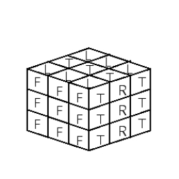 <strong>Show the result of the moves on Rubik's cube FT <sup>-1</sup>. Remember that R, F, L, B, T, and U mean rotate 90° clockwise the right, front, left, back, top, and under faces, respectively. Use the standard Rubik's cube shown below as your starting point. Consider each clockwise rotation by first turning the cube so that the side you are rotating is facing you. </strong> A) B) C) D) E)