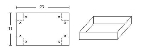 Solve the problem. -A box with an open top is to be constructed from a rectangular piece of cardboard with dimensions 11 inches by 23 inches by cutting out equal squares of side x at each corner and then folding up the sides as in the figure. Express the volume V of the box as a function of x.