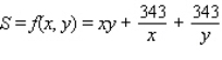 An open rectangular box having a volume of is to be constructed from a tin sheet.Find the dimensions of such a box if the amount of material used in its construction is to be minimal. Hint: Let the dimensions of the box be x by y by z.Then, xyz = 108 and the amount of material used is given by S = xy + 2yz + 2xz.Show that Minimize f(x, y) x = __________ y = __________ z = __________