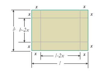 By cutting away identical squares from each corner of a rectangular piece of cardboard and folding up the resulting flaps, an open box can be made.If the cardboard is 17 in.long and 7 in.wide and the square cutaways have dimensions of x in.by x in., find a function giving the volume of the resulting box.