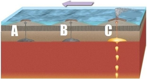 <strong> The volcanic islands visible here formed as a result of a mantle plume.Which volcanic island is the oldest and subsiding into the sea?</strong> A)Volcano A B)Volcano B C)Volcano C