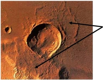 <strong> What impact crater feature is highlighted with the arrows in this image?</strong> A)Central peak B)Ejecta C)Crater ray D)Secondary crater chain