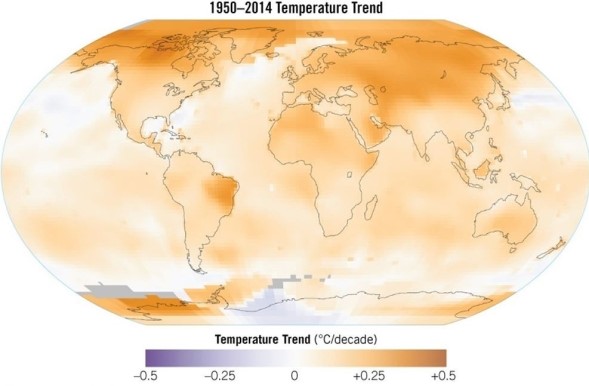 <strong> Which of the following locations experienced a cooling climate during the period from 1950-2014?</strong> A)Eastern Brazil B)Off the coast of Antarctica C)North Central Canada D)Northern Asia