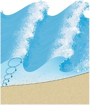 <strong> What kind of wave motion is visible in this image?</strong> A)Circular orbital motion B)Breaking wave C)Rip current D)Longshore current