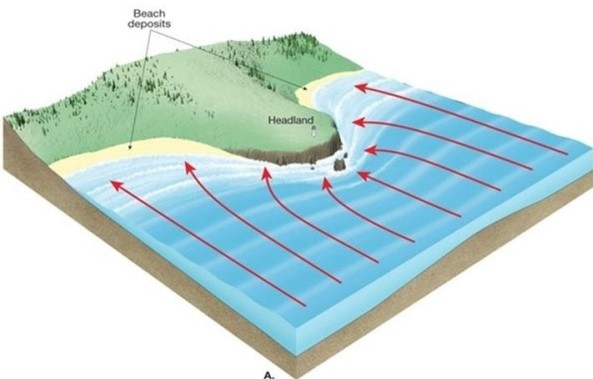 <strong> In the previous question, you had to indicate where deposition and erosion were taking place in this image.Why would deposition or erosion occur at the areas you indicated?</strong> A)Erosion occurs where there is low water velocity and deposition occurs where there is high water velocity. B)Erosion results from circular orbital motion whereas deposition occurs from the waves feeling bottom. C)Erosion occurs where the water is shallow and deposition occurs where the water is deep. D)Erosion occurs where there is high water velocity and deposition occurs where there is low water velocity.