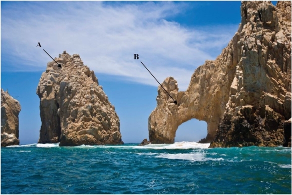 <strong> What erosional features, marked A and B, are visible in this figure?</strong> A)Feature A is a headland and B is a sea cave. B)Feature A is a spit and B is a Baymouth bar. C)Feature A is a stack and B is a sea arch. D)Feature A is a wave-cut bench and B is a spit.