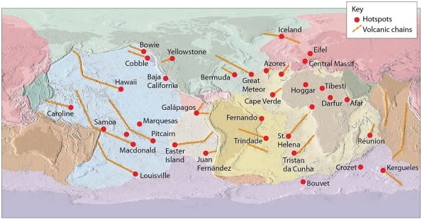<strong> The Hawaiian mantle plume is a classic example of a long-lived mantle plume being used to demonstrate how the motion of a tectonic plate has changed over time.Which hot spot would be an even better indicator of the Pacific plate's motion over time?</strong> A)Cape Verde mantle plume B)Easter Island C)Yellowstone D)Caroline E)Pitcairn