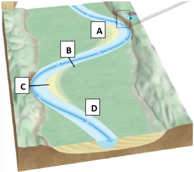   Which location marks the cutbank on this image?