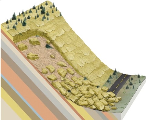 <strong> Identify the mass-wasting event in this image.</strong> A)Fall B)Rockslide C)Debris flow D)Slump