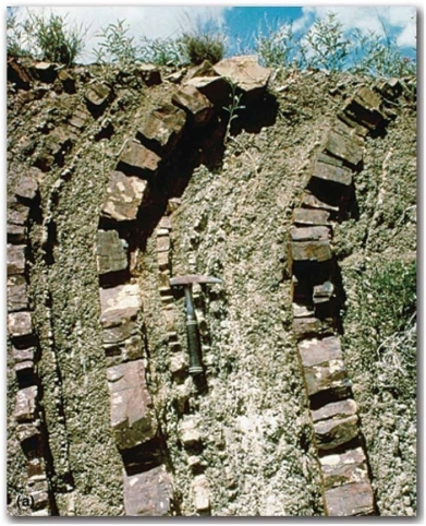 <strong> In which direction is mass wasting occurring in this image? (Note: The perspective is from the side.)</strong> A)From top to bottom B)From left to right C)From bottom to top D)From right to left