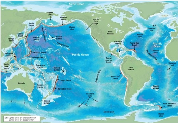 <strong> Based on the seafloor features labeled on this map, what kind of tectonic boundary would you say surrounds the Pacific Ocean basin?</strong> A)Convergent B)Divergent C)Transform